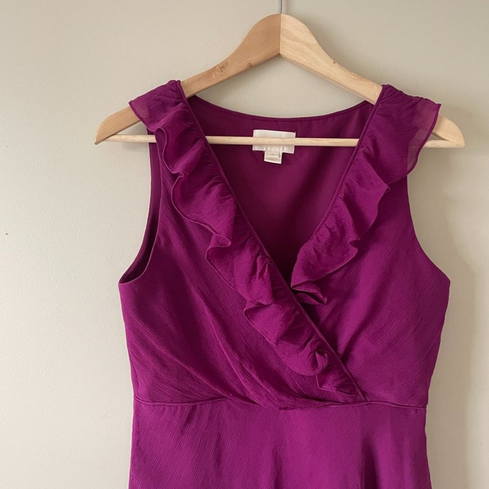 J Crew | Silk Chiffon Ruffle Magenta Dress - Size 6 - Picture 5 of 13